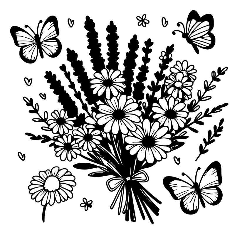 lavender and daisy bouquet with butterfly's around it