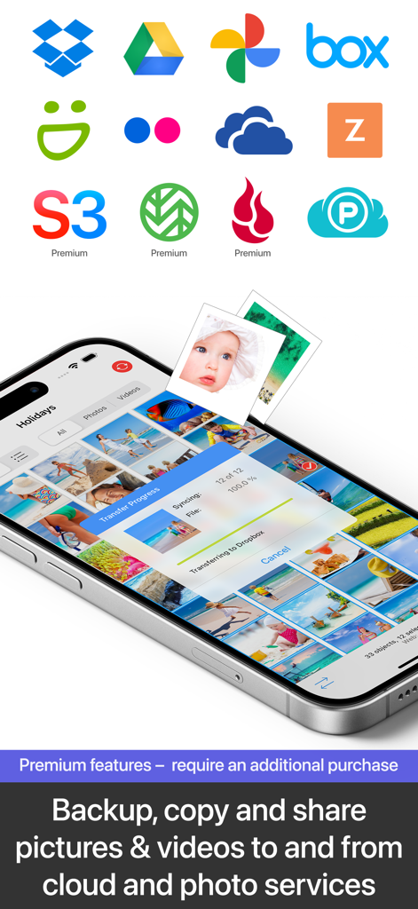 PhotoSync – transfer photos - Smartphone screen showing the PhotoSync app transferring photos to Dropbox with logos for various cloud services like Google Drive and OneDrive.