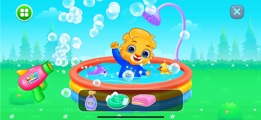 Baby Games: Piano, Baby Phone - A cartoon lion playing in a colorful inflatable baby pool with bubbles and bath toys.