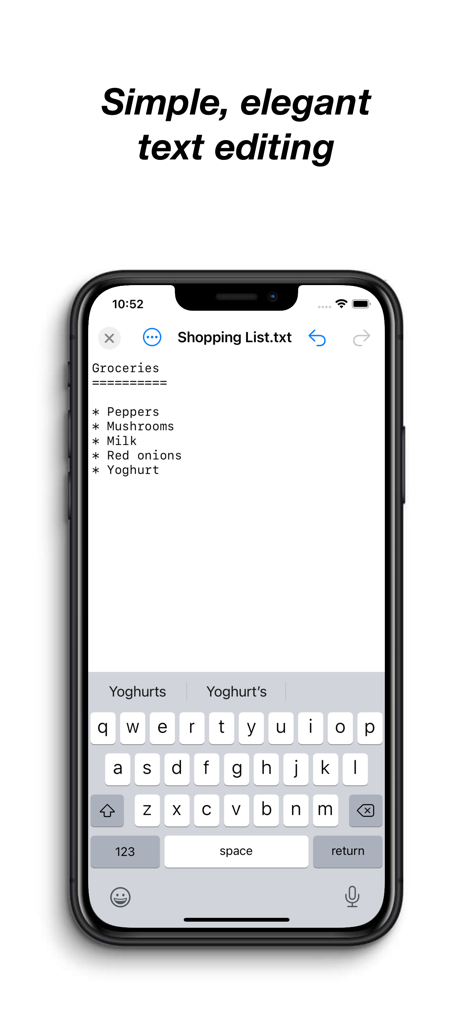 Subtext - Subtext app on iPhone displaying a simple shopping list text file.