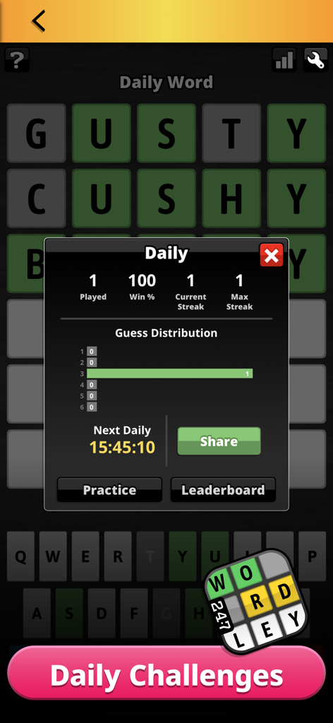 247 Games - Daily statistics screen for the Wordley game in the 247 Games app showing win percentage and guess distribution.