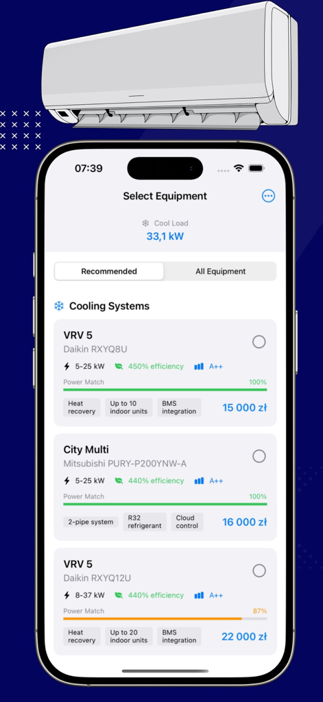 HVAC Calculator ProX - HVAC Calculator ProX app screen showing recommended cooling equipment with technical specs and efficiency ratings