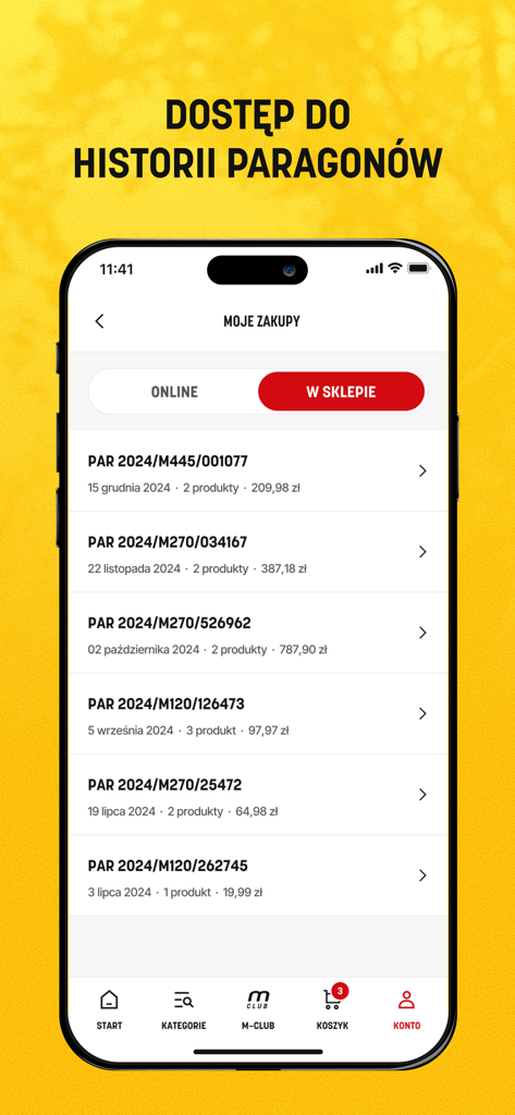 Digital purchase history and receipts screen in the Martes Sport app.