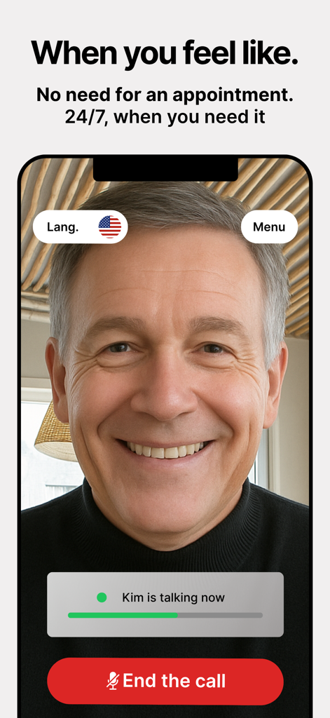 Amigo - Your AI Coach - Interface of the Amigo app showing an active voice call with a friendly AI companion named Kim.