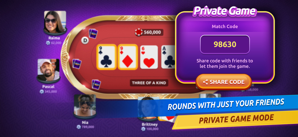 Poker Master Texas Holdem - Poker Master Texas Holdem private game screen showing a match code to invite and play with friends