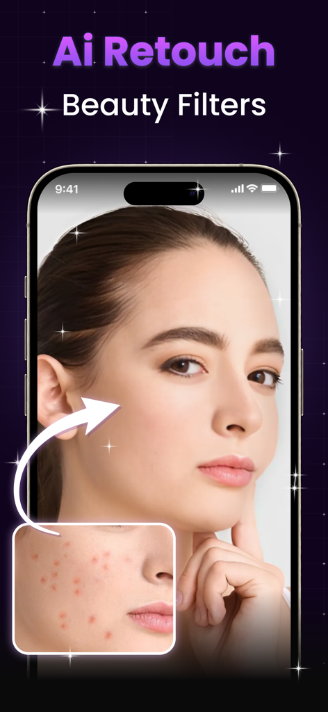 AI Photo Enhancer - AI Enhance - AI 사진 편집 앱 인터페이스가 피부 보정 및 잡티 제거의 전후 결과를 보여주는 모습