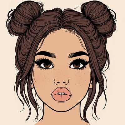 realistic girl with two buns on her hair and lips