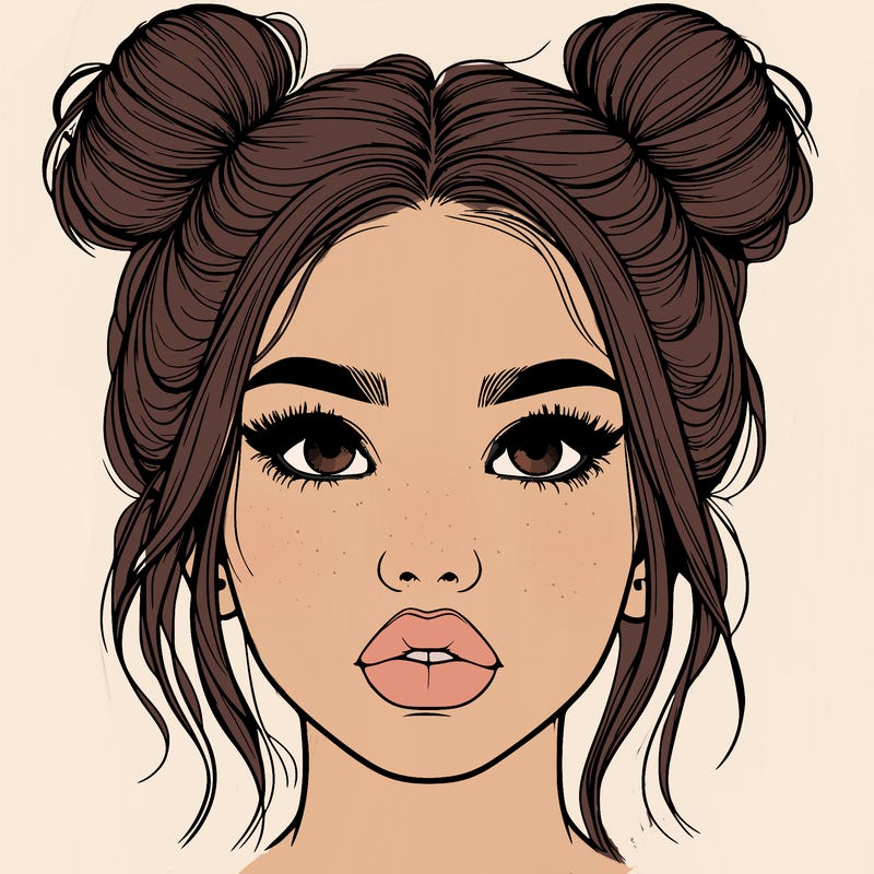 realistic girl with two buns on her hair and lips