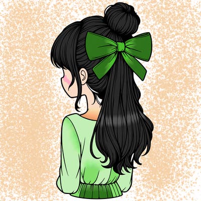 realistic girl  with hip length hair a bun and a big bow on the back of head