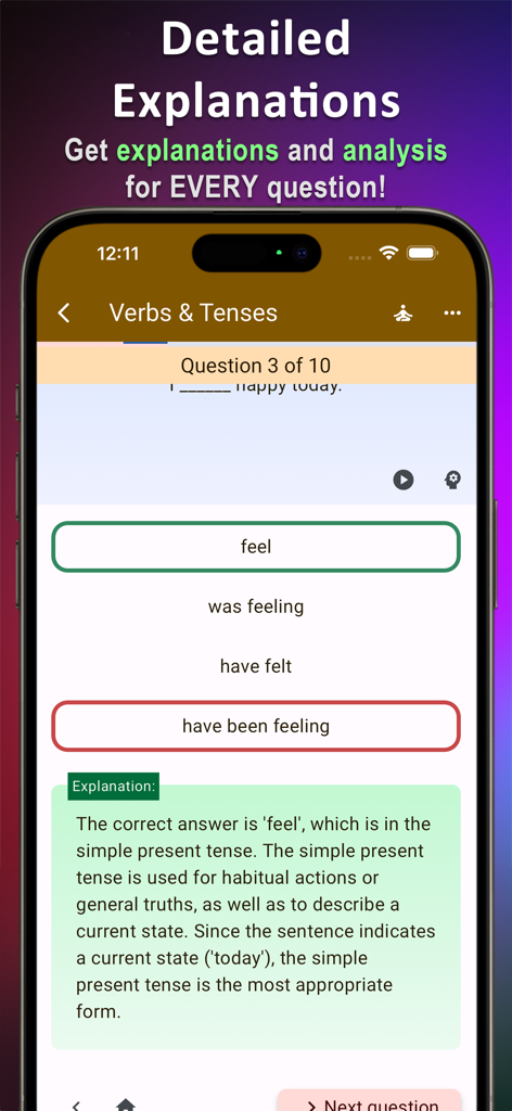 English Grammar Expert AI - Smartphone screen showing a grammar quiz question with a detailed explanation for the correct answer in the English Grammar Expert AI app