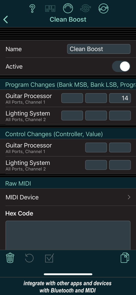 MIDI configuration screen for guitar and lighting control in the Set List Maker app