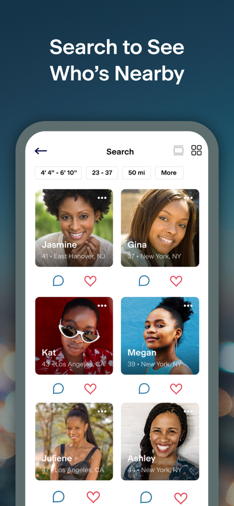 Black People Meet - Search screen of the Black People Meet dating app showing profiles of black women nearby