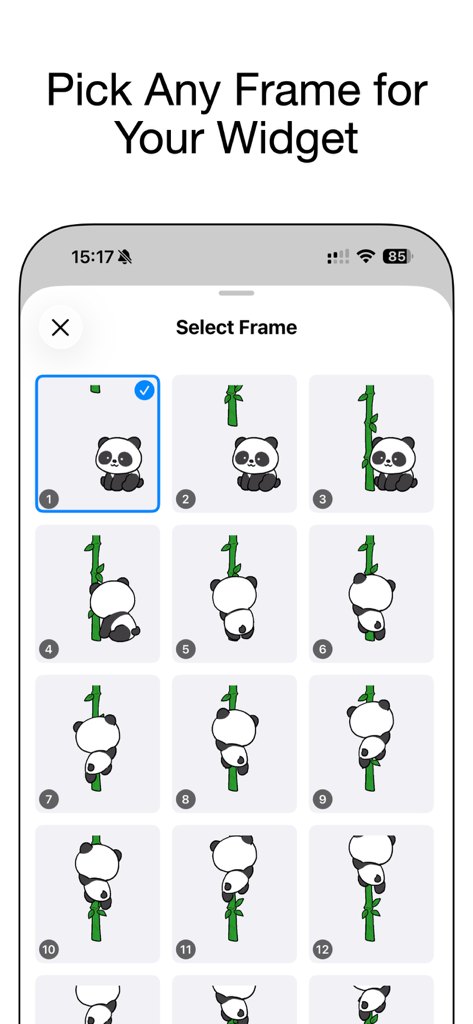 NotiSprite: Smart Desktop Pet - Eine Auswahlmaske in der NotiSprite-App, die verschiedene animierte Panda-Rahmen zur Widget-Anpassung zeigt.