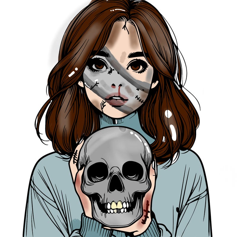 realistic girl holding a skull