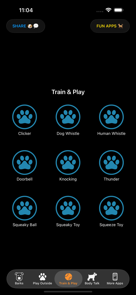 Dog Sounds & Body Talk - Interface da secção Train and Play na aplicação Dog Sounds and Body Talk mostrando ícones para clicker, apito de cão e brinquedos guinchantes