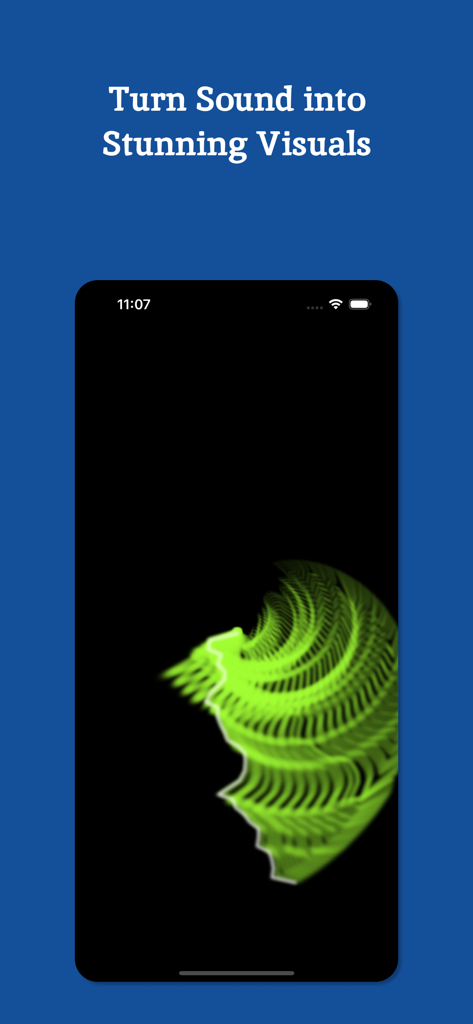 A smartphone screen displaying a vibrant green abstract audio visualizer pattern against a black background
