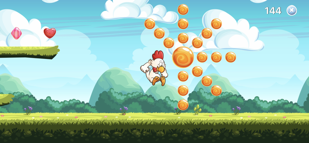 Ein weißes Huhn springt, um orangefarbene Edelsteine in einem bunten Plattformer-Level für Kinder zu sammeln