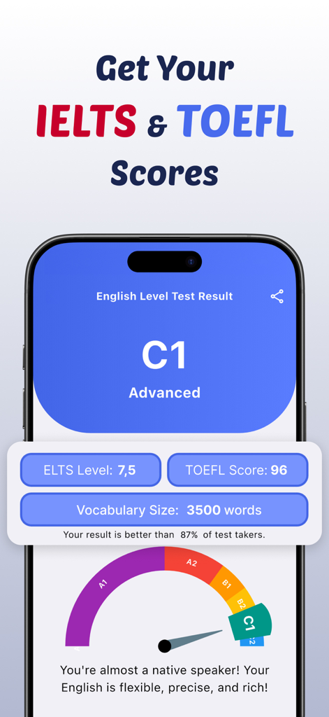 English Level Test - English Level Test app showing a C1 Advanced result with estimated IELTS and TOEFL scores