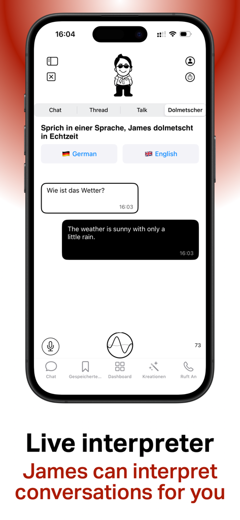 JAMES - AI Chat, Images, Audio - James AI app live interpreter feature translating a conversation between German and English.