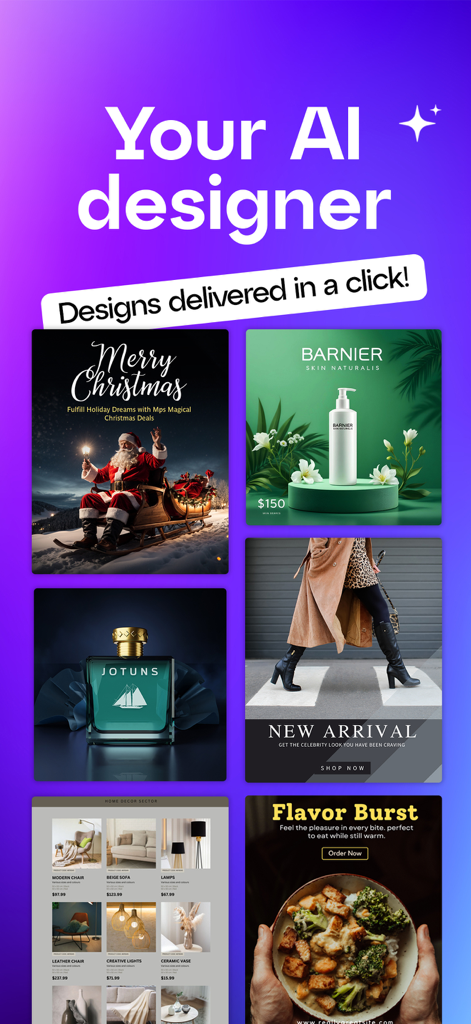 Wizad: AI Posters and Videos - Interfaz de la aplicación Wizad que muestra varios pósters de marketing generados por IA para diferentes sectores empresariales, incluyendo moda, alimentos y belleza.