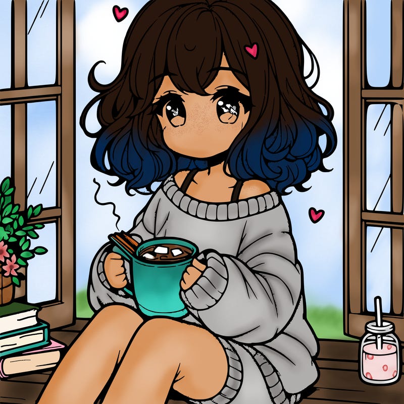 cute anime girl reading book and drinking hot chocolate from mug with loose wavy hair wearing a baggy sweatshirt and shorts sitting by windowsill looking out