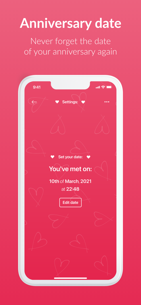 Love Counter – Time in Love - Una pantalla móvil rosa de la aplicación Love Counter donde los usuarios pueden configurar y rastrear su fecha de aniversario