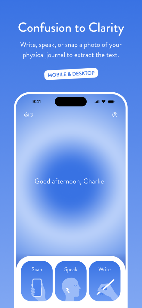 Mindsera: Daily AI Journaling - マインドセラアプリのインターフェース、精神的明晰さ attainment のためのスキャン、話す、書くの3つのジャーナリング方法を表示