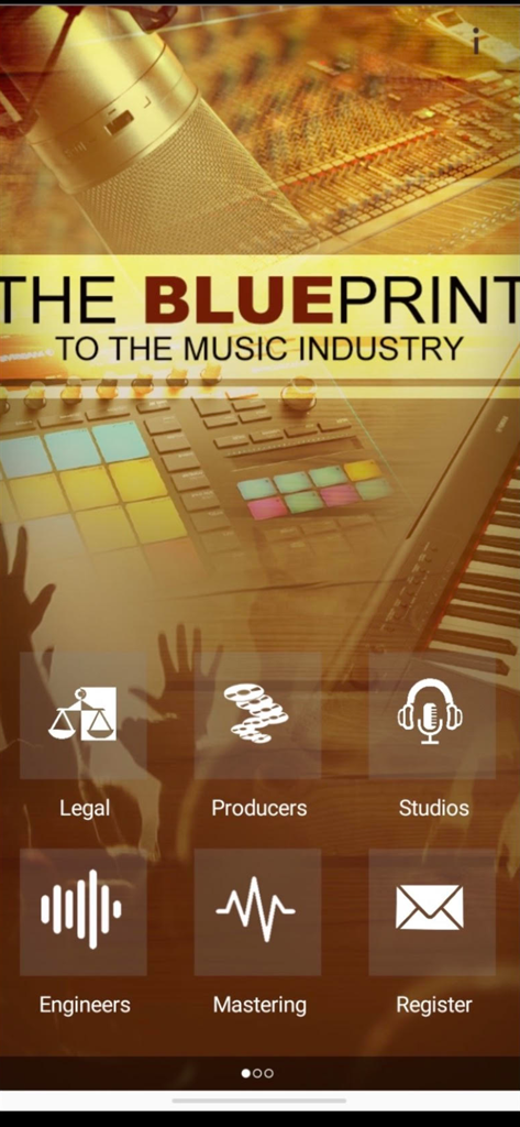 Home screen of the blueprint music industry app displaying categories for producers studios and legal contacts