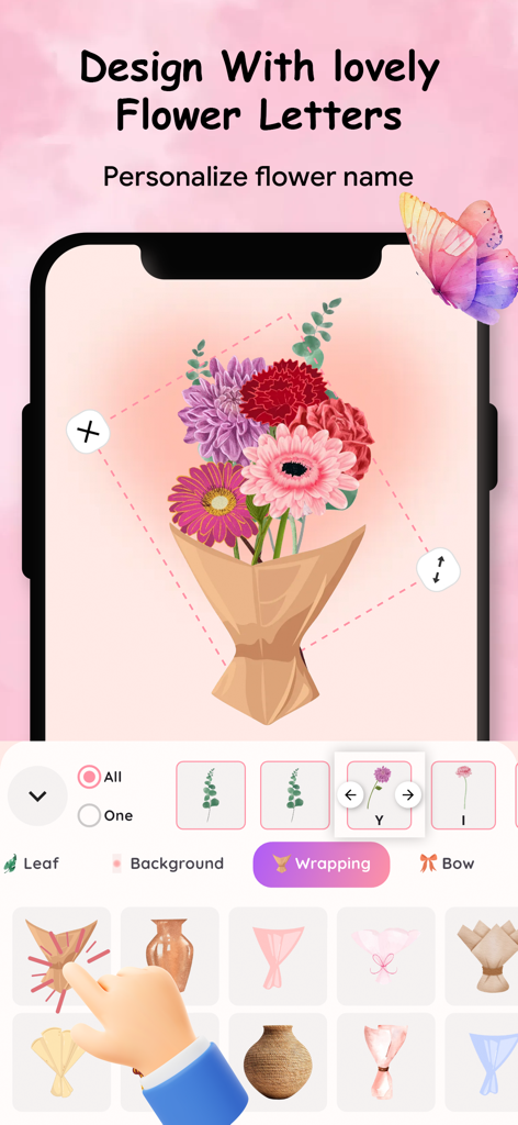 Flower Name: DIY Wallpaper - Interface do aplicativo móvel mostrando como desenhar um buquê de flores personalizado com embrulho e letras de flores customizadas.