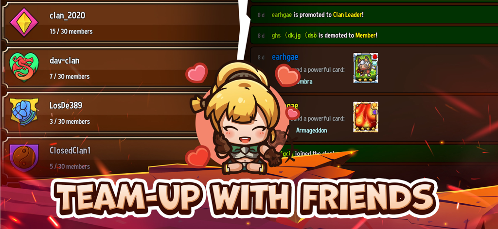 Crazy Defense Heroes: RPG TD - A menu showing different clans and social activity feeds in the Crazy Defense Heroes RPG TD game.