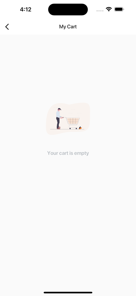 جاك - اللي تتمنى - Jack app My Cart screen showing an empty cart message and illustration of a person with a trolley.