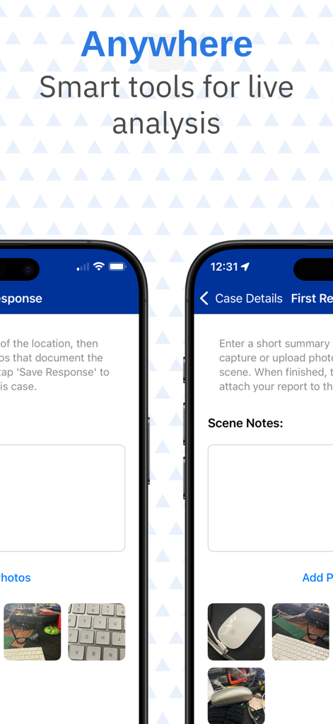 Digital Forensics - Digital Forensics app interface on two iPhones showing scene notes and live analysis features for field investigations.