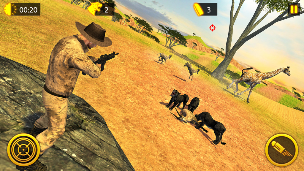 Panther Hunting Simulator 4x4 - Cazador apuntando con un rifle de francotirador a panteras negras en un paisaje de safari abierto