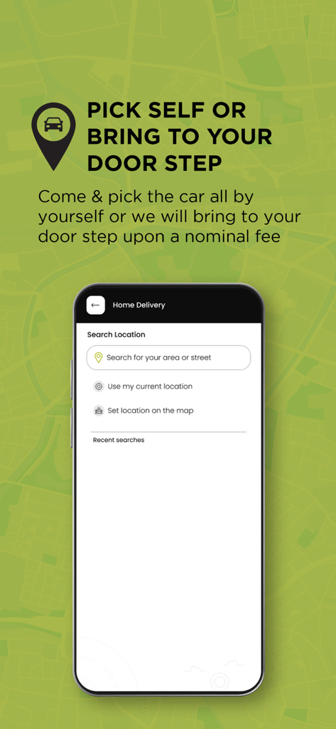 IndusGo 앱 인터페이스, 차량 도어투도어 배송 또는 셀프 픽업 옵션 선택.