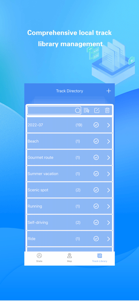 해변 여행, 달리기, 자가 운전 경로에 대한 분류된 폴더가 있는 로컬 트랙 라이브러리를 보여주는 Share Tracks 앱 인터페이스
