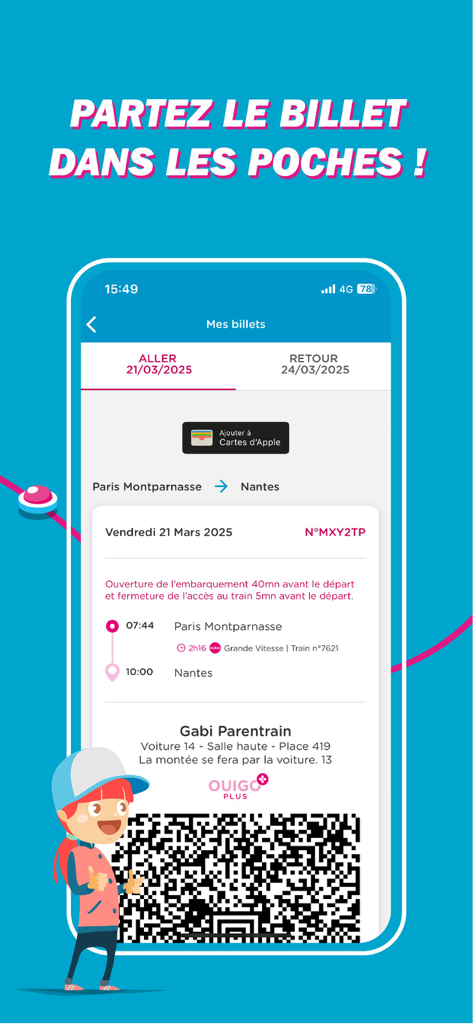 Biglietto del treno digitale sull'app OUIGO con un codice QR e integrazione Apple Wallet.