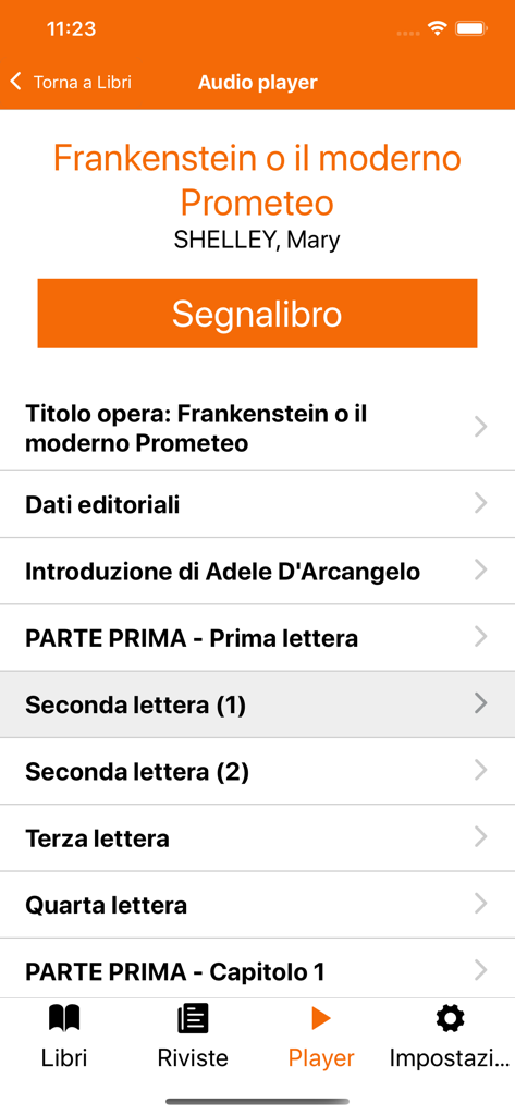 Libro Parlato CILP App - Audio player interface of the Libro Parlato CILP app showing the chapter list for the book Frankenstein by Mary Shelley.
