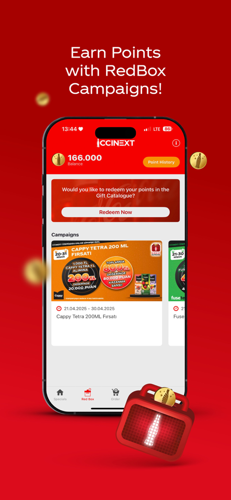 CCINEXT - Interface of the CCINEXT app showing reward point balance and active business campaigns