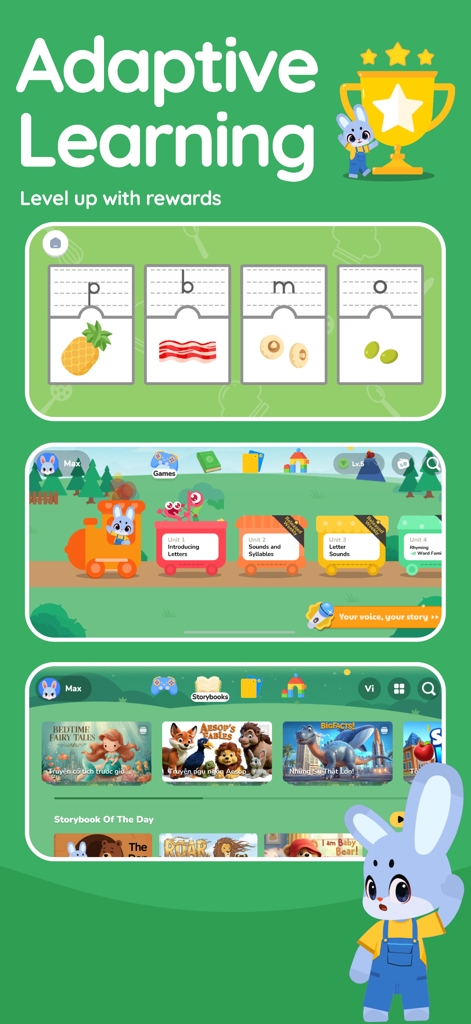 Giggle Academy - Play & Learn - Interfaz educativa de la aplicación Giggle Academy que muestra juegos de fonética, un camino de aprendizaje progresivo y una biblioteca digital de cuentos para niños.