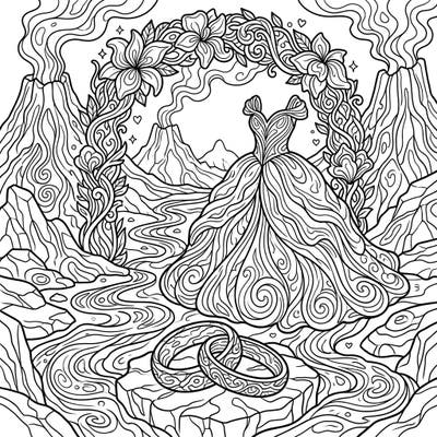 Dive into a uniquely dramatic and romantic coloring experience with this lava flow wedding scene. This intricate page combines the fiery beauty of volcanoes with the delicate elegance of a bridal celebration.