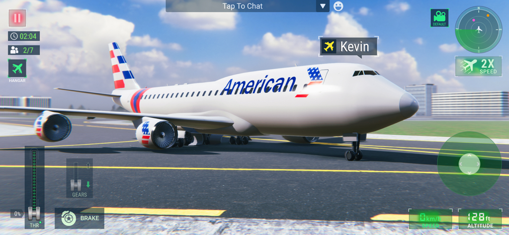 A commercial airplane on an airport runway with game controls in Flight Simulator 2025