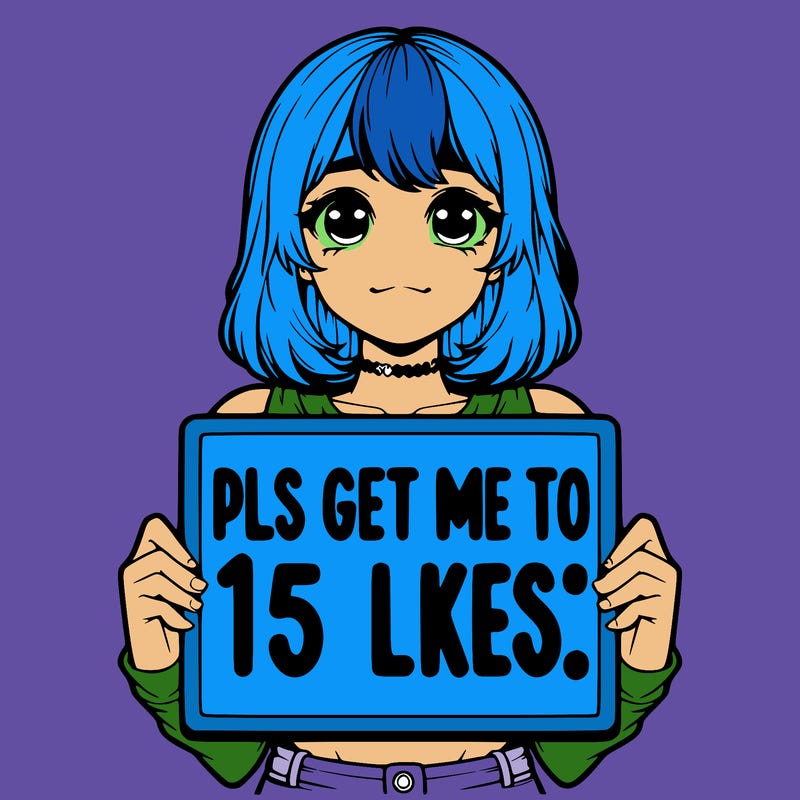 realistic girl holding up a sign that says “pls get me to 15 likes!”