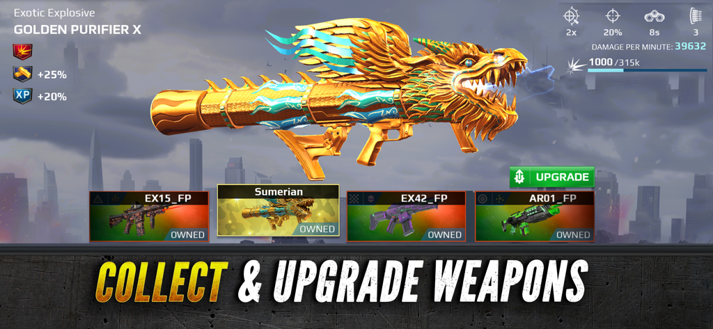 Sniper Fury: FPS Shooting Game - Sniper Fury weapon customization screen showing a golden dragon shaped rifle called Golden Purifier X