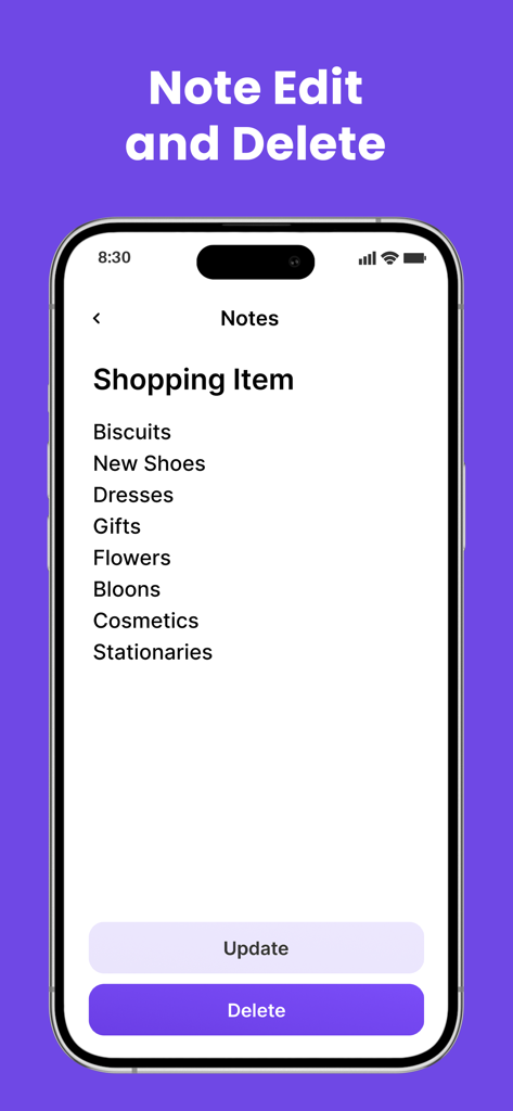 2Accounts - Dual Apps Space - Interfaz de nota de lista de compras con botones de actualizar y eliminar