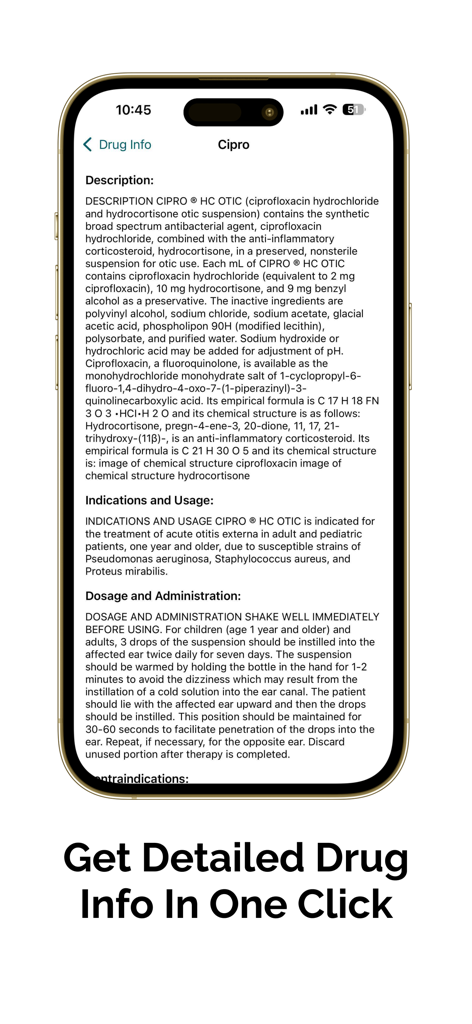 The Nurse AI app displaying comprehensive drug information including dosage and usage for Cipro