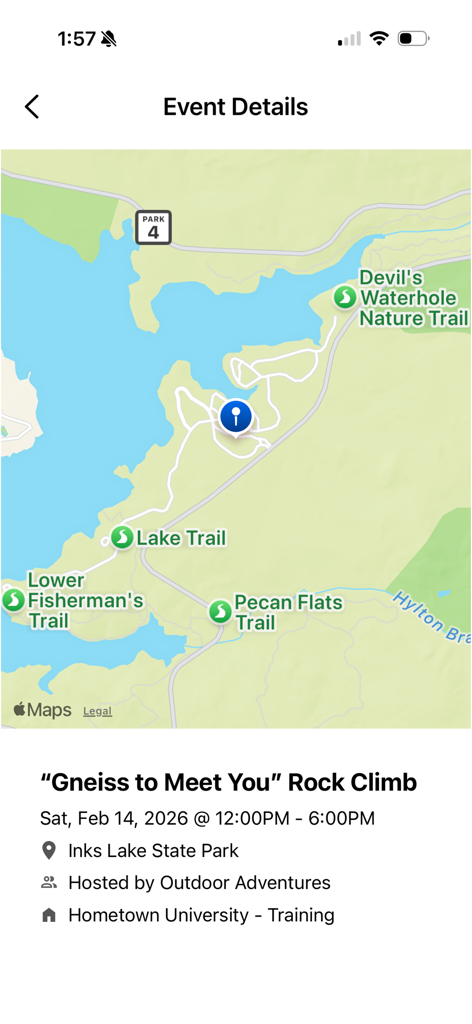Corq - Corq app screen displaying details for a rock climbing event including a location map and event schedule