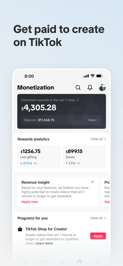 TikTok Studio Monetarisierungs-Dashboard mit Creator-Einnahmen und Prämienanalysen