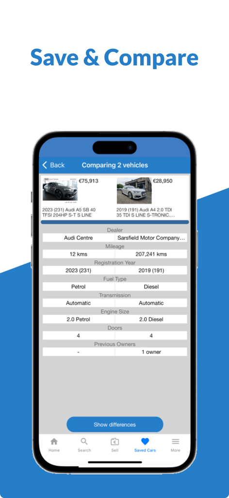 Carzone mobile app interface showing a side-by-side comparison of two Audi vehicles with detailed technical specifications.