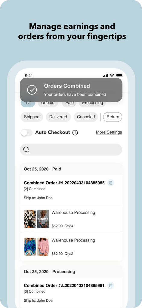 Trendsi - Fashion Dropshipping - trendsi app screen showing order management and tracking for fashion entrepreneurs