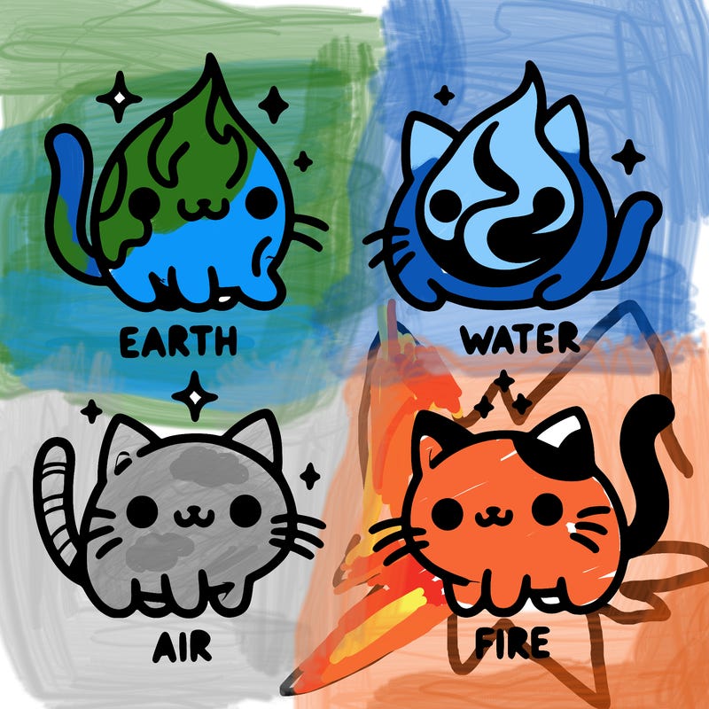 4 cats that represent the different elements, earth, water, air, and fire